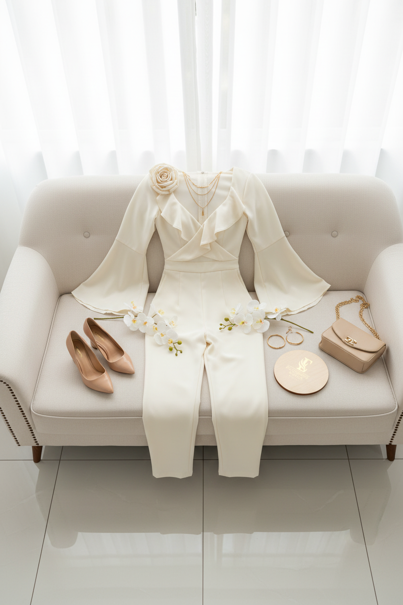 Enterizo Elegante Blanco Marfil con Rosa 3D y Volantes - Mangas Campana Sofisticado cod.348
