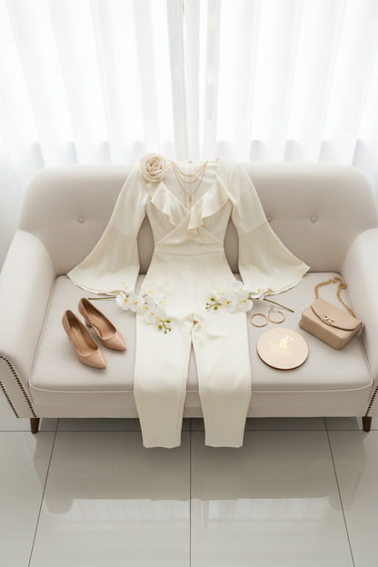 Enterizo Elegante Blanco Marfil con Rosa 3D y Volantes - Mangas Campana Sofisticado cod.348