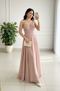 Vestido Largo Blush A-Line con Bordado Floral 3D y Perlas cod.434