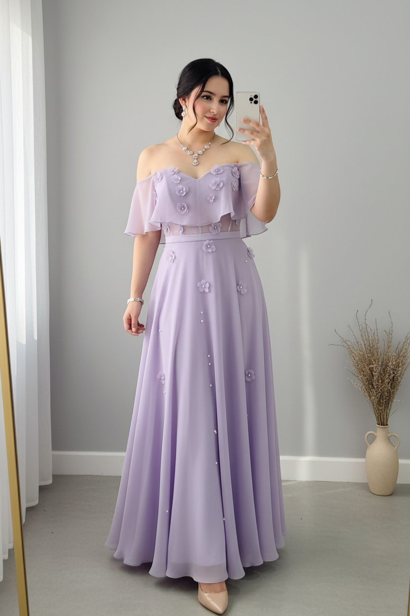 Vestido Lila Lavanda Escote Corazon Capelina Off-Shoulder Flores 3D Perlas A-Line cod.834