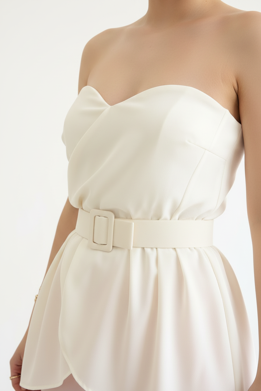 Blusa Peplum Marfil Strapless con Cinturón - Elegante y Sofisticada cod.308