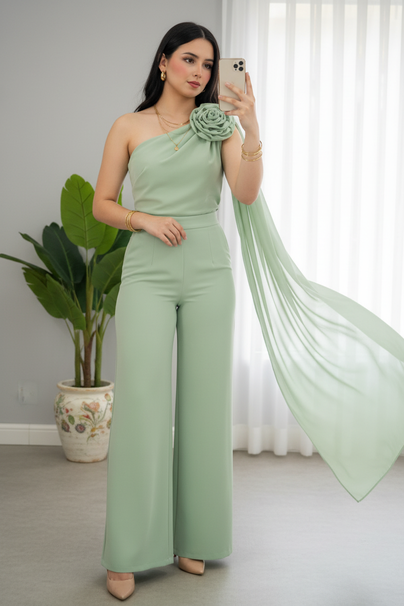 Conjunto Verde Menta — Top Un Hombro Rosa 3D con Capa & Palazzo cod. 0046