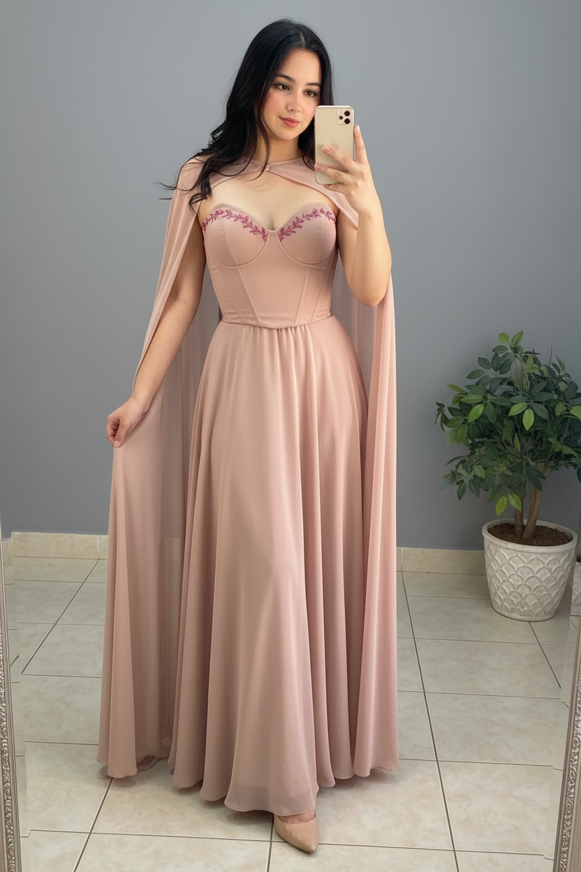 Vestido Rose Cape – Gown Rosa Palo con Capa & Bordado Floral cod.675