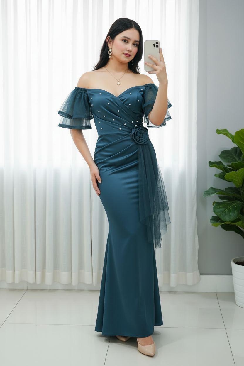 Vestido Verde Petróleo Off-Shoulder Mangas Tul Dobles Perlas Rosa 3D Cola Tul y Falda Sirena cod.779