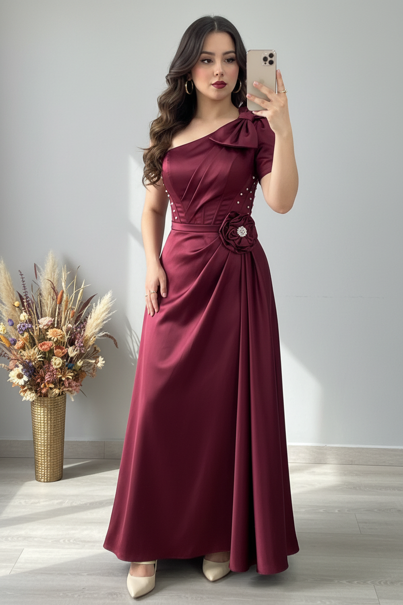 Vestido Vino Un Hombro con Lazo, Rosa 3D y Perlas