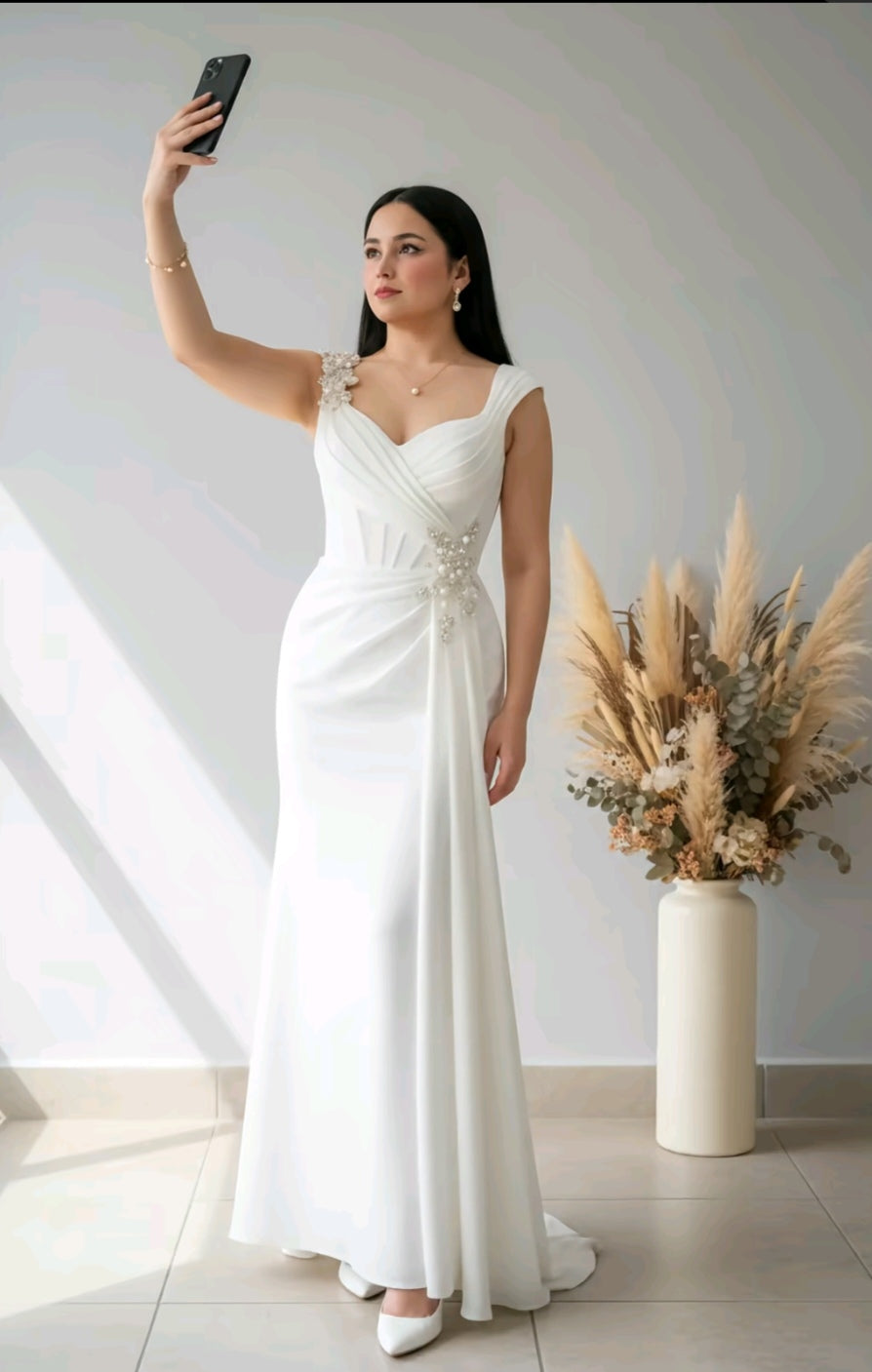 Vestido Blanco Novia Tirantes Bordados Broche Floral cod.V0012