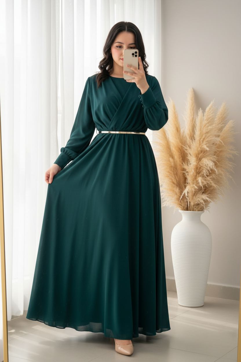Vestido Verde Teal Chiffon Mangas Puff Cinturón Dorado cod.0092