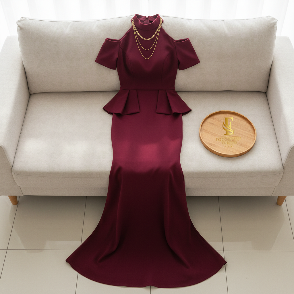 Vestido Sirena Borgoña Mock Neck Cold Shoulder con Peplum Doble cod.432