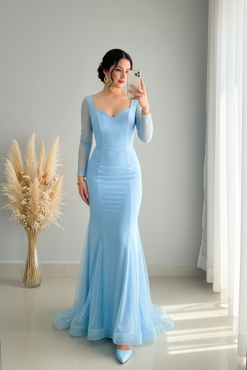 Vestido Azul Bebé Sirena con Tul y Mangas Transparentes cod.V367