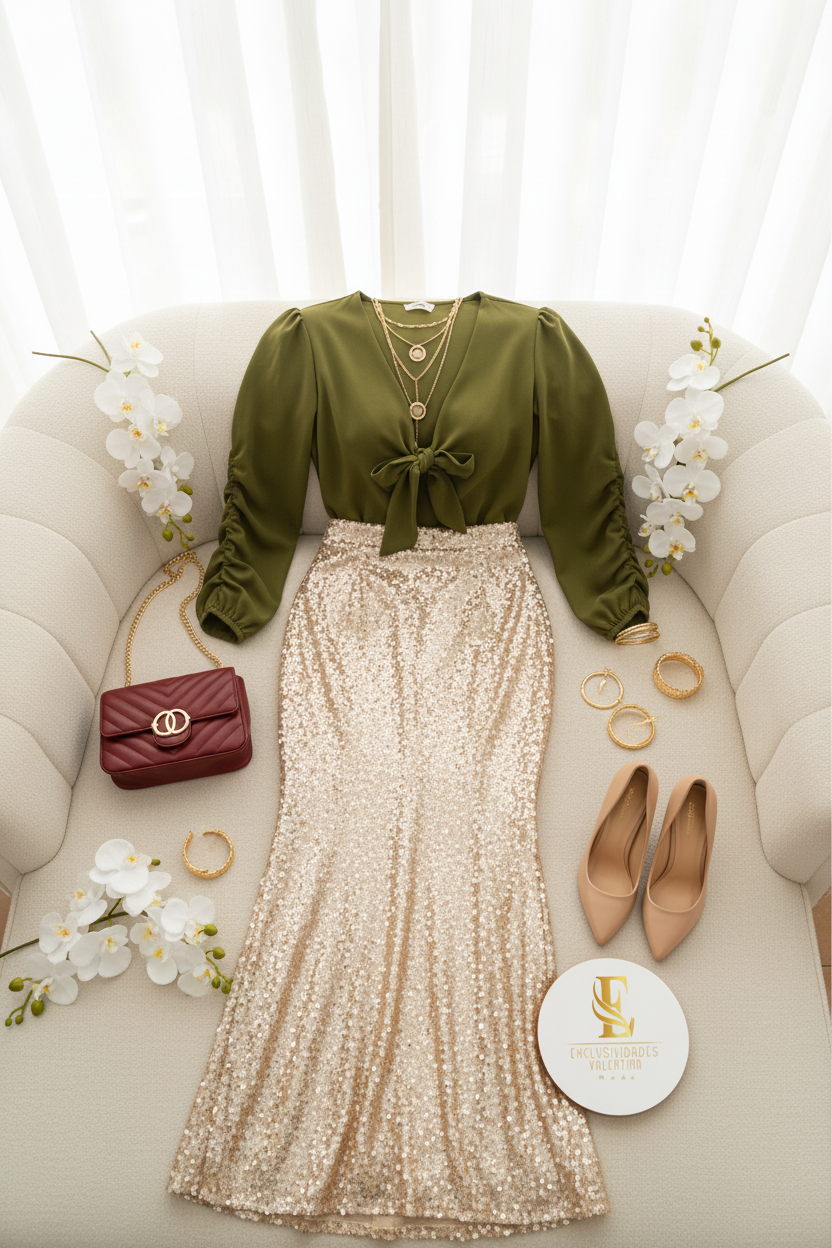 Blusa Verde Oliva con Moño y Mangas Fruncidas cod.292