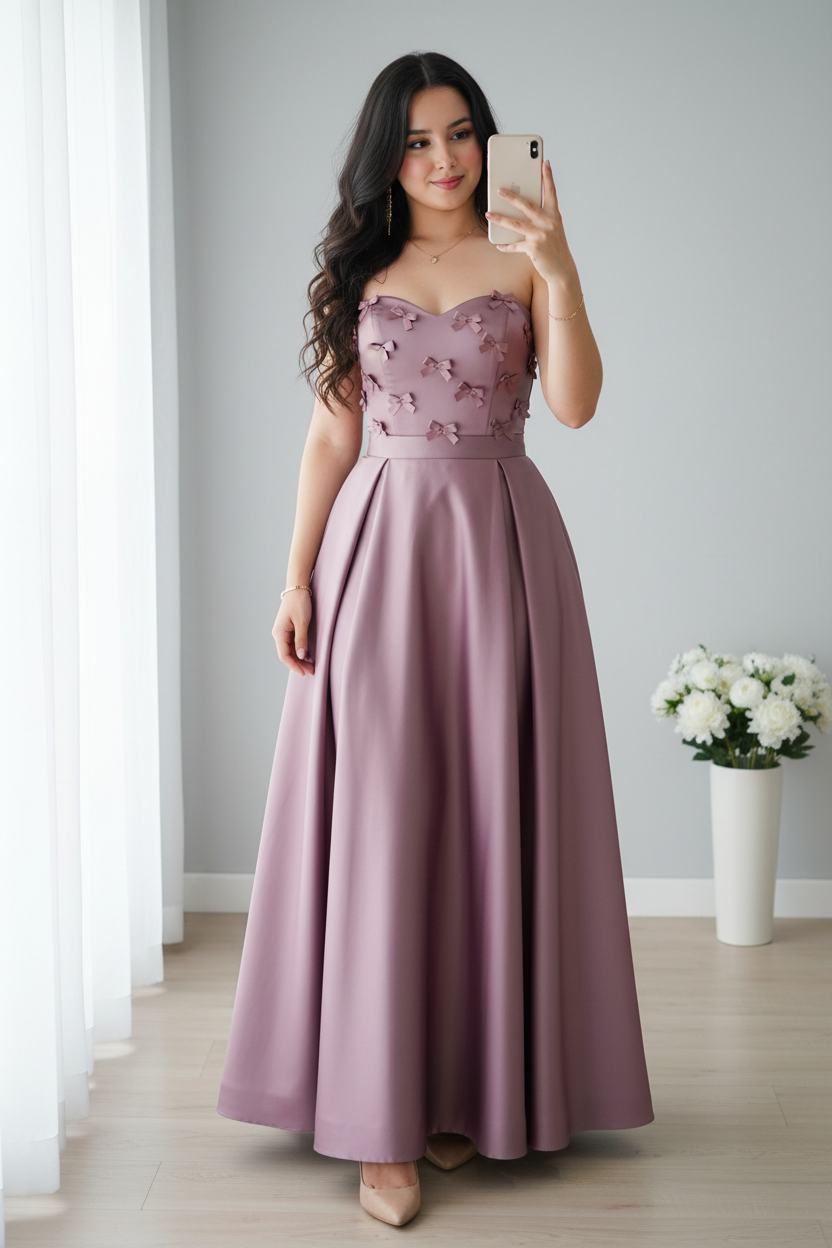 Vestido mauve strapless lazos 3D ball gown espalda corsé C.1940