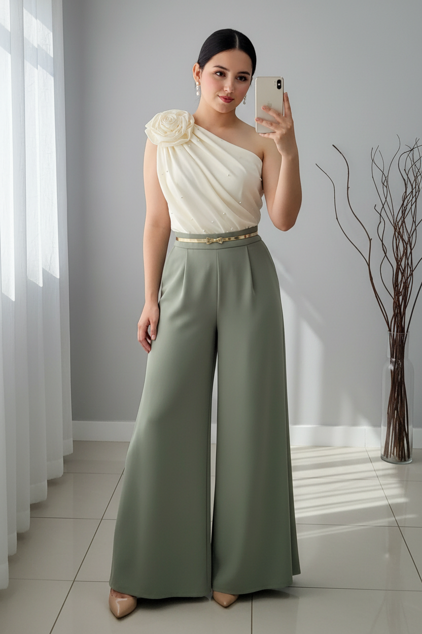Conjunto Blusa Crema One-Shoulder con Palazzo Verde Salvia cod.C347