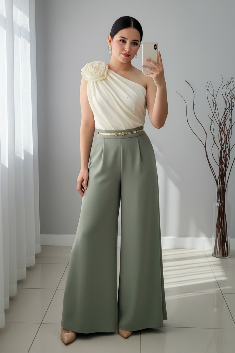Conjunto Blusa Crema One-Shoulder con Palazzo Verde Salvia cod.C347