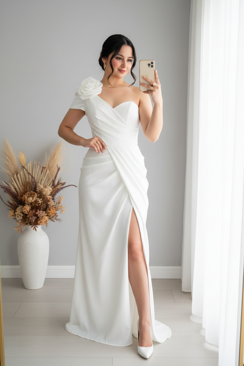 Vestido Blanco Un Hombro Sirena con Rosa 3D y Abertura
