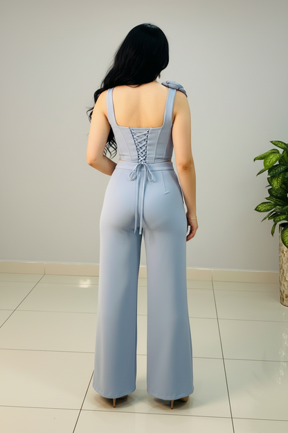 Conjunto Azul Cielo Top Corset con Rosa 3D y Pantalón Palazzo cod.474