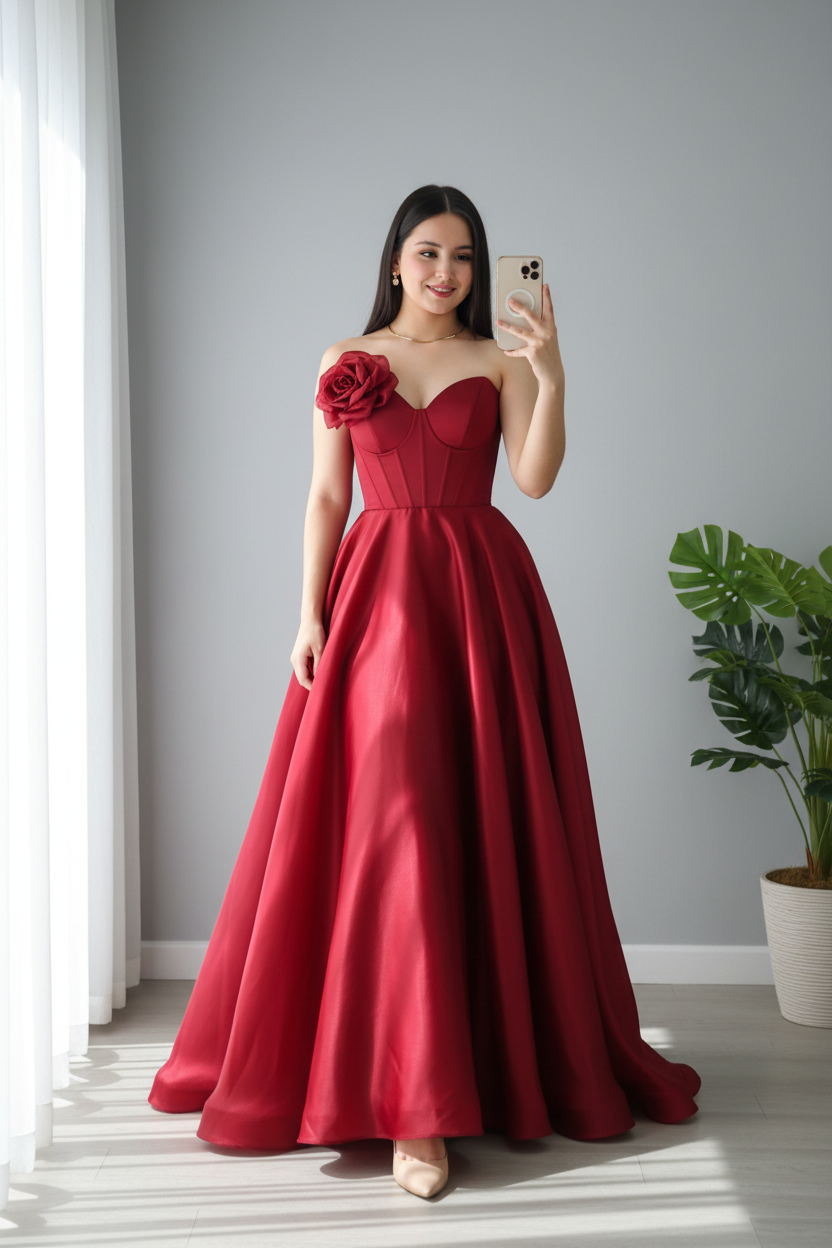 Vestido Rojo Vino Off-Shoulder Corsé con Rosa 3D y Falda Ball Gown cod.980