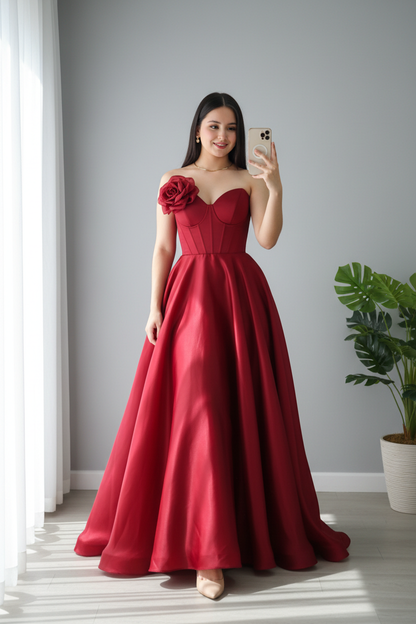 Vestido Rojo Vino Off-Shoulder Corsé con Rosa 3D y Falda Ball Gown cod.980
