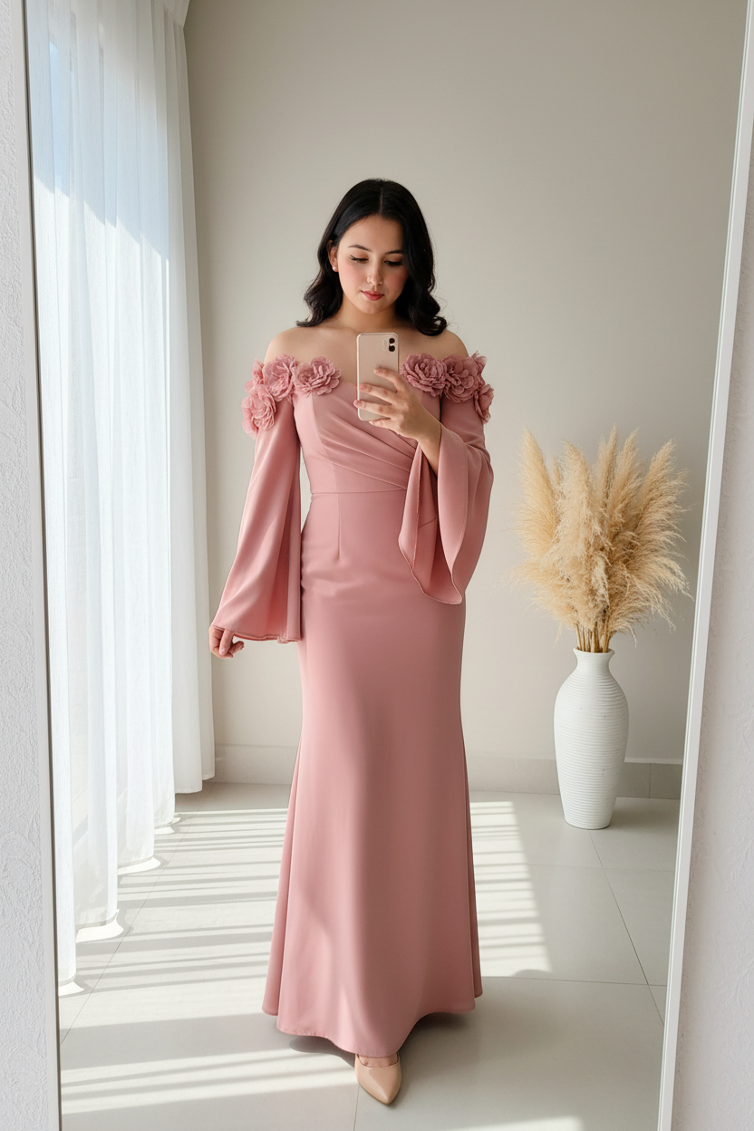 Vestido Gala Rosa Off-Shoulder Rosas D cod.0090