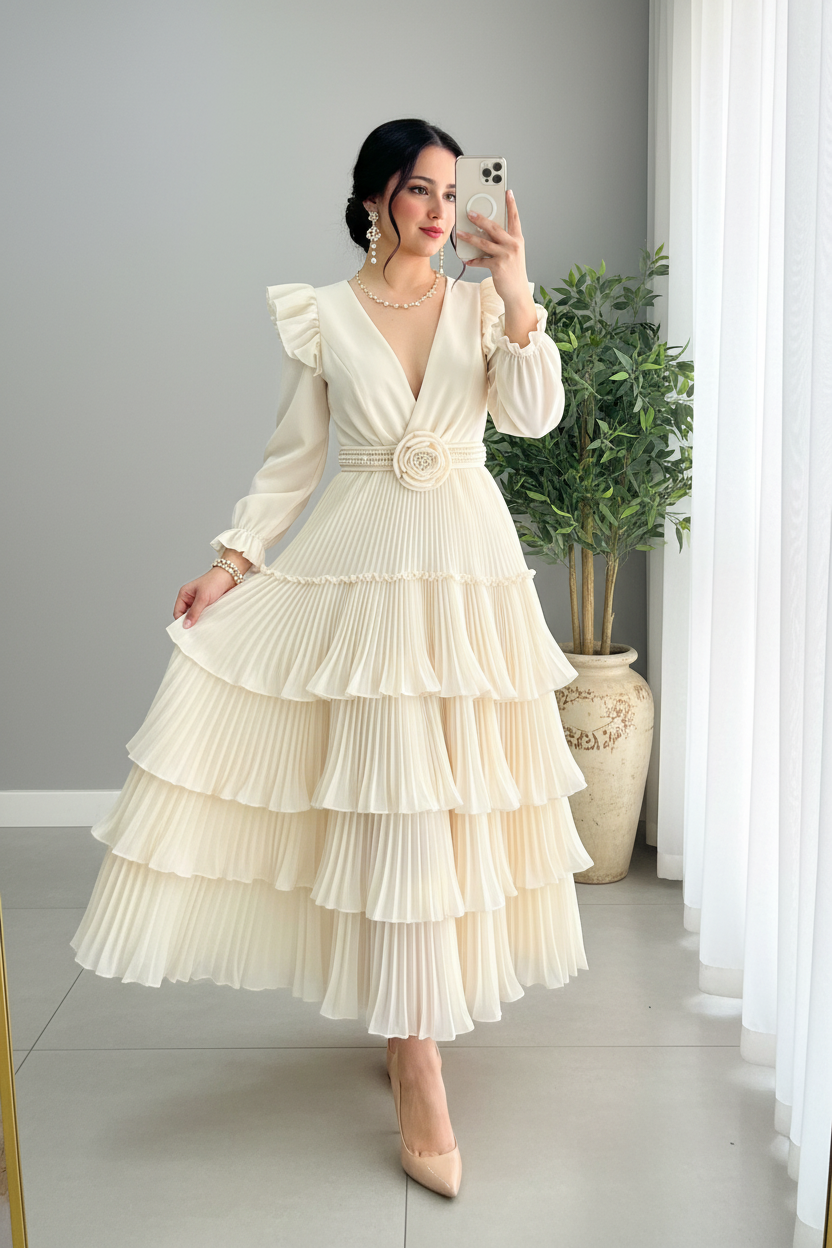 Vestido Crema Marfil Escote V Hombros Flutter Rosa 3D Perlas Capas Plisadas cod.832