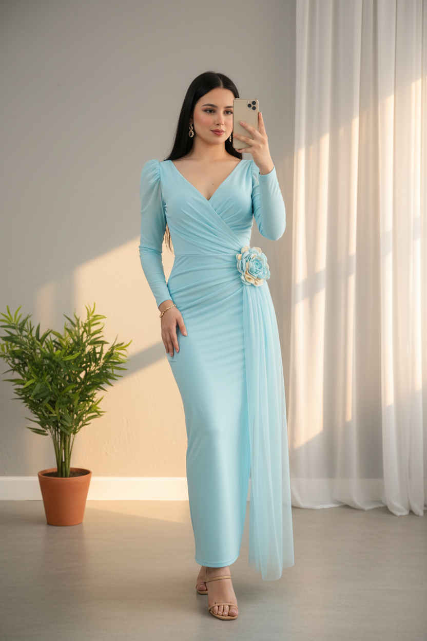 Vestido Largo Turquesa Flor 3D Bicolor Panel Tul cod.V717