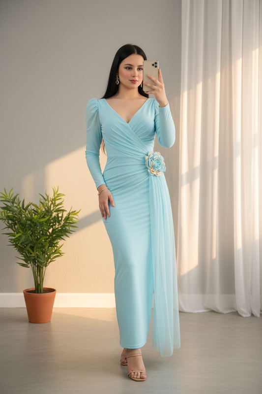 Vestido Largo Turquesa Flor 3D Bicolor Panel Tul cod.V717