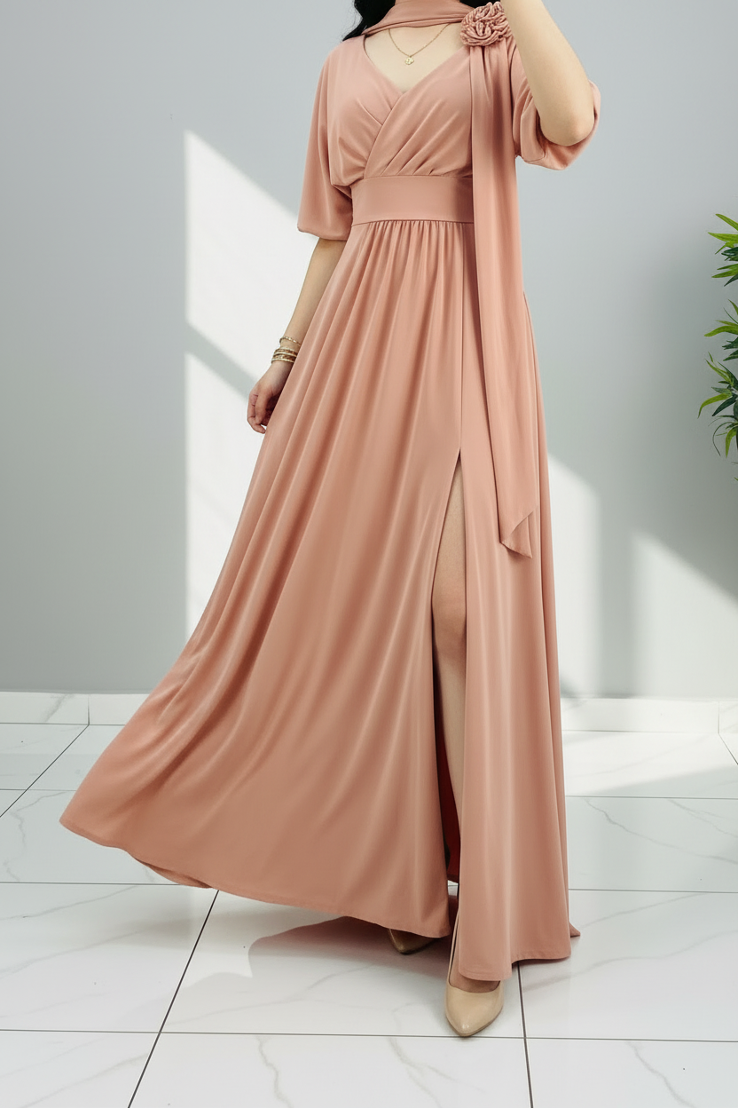Vestido Largo Rosa Palo con Chal, Rosa 3D y Abertura Lateral cod. 399