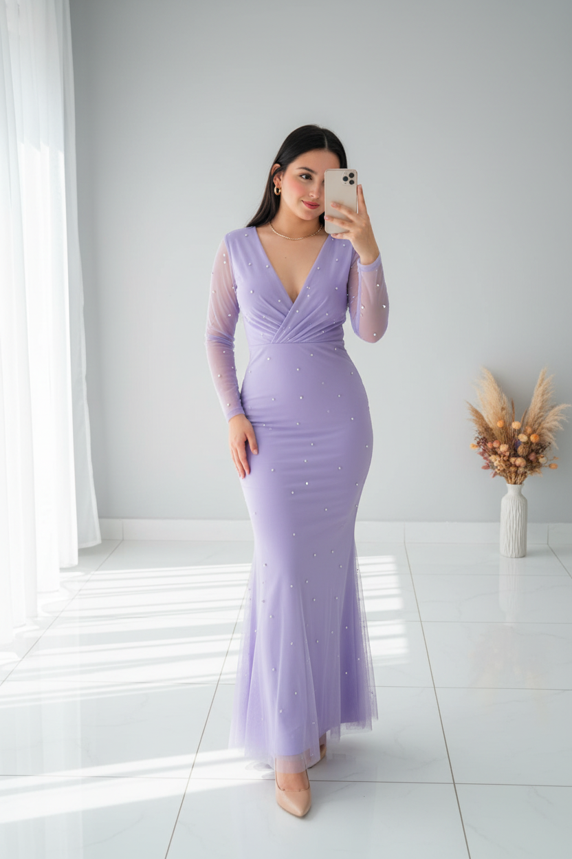 Vestido Lila Sirena con Perlas V357