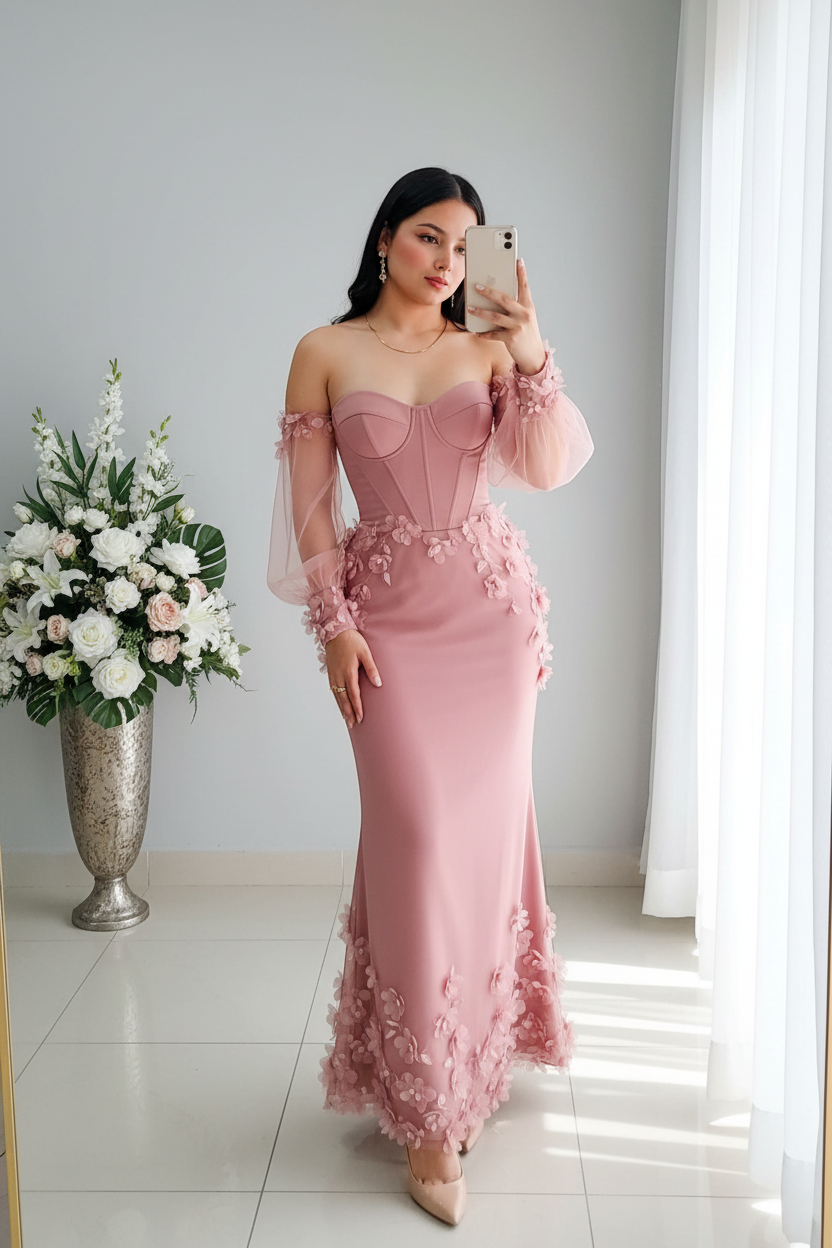 Vestido Rosa Sirena Corset con Mangas Tul Abullonadas y Flores D cod.V536