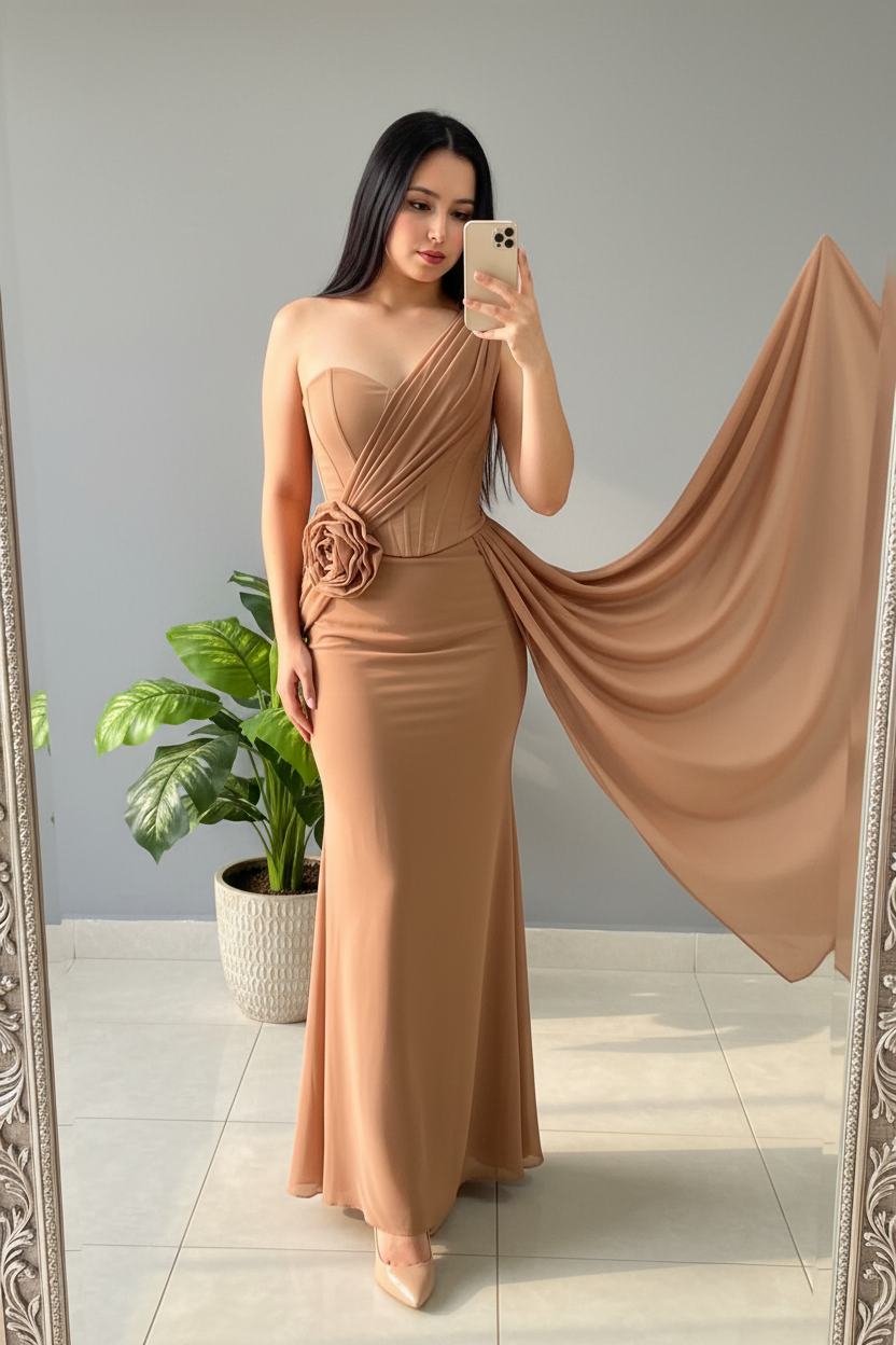 Vestido Camel Drape – Gown Un Hombro con Rosa & Panel Fluido cod.677