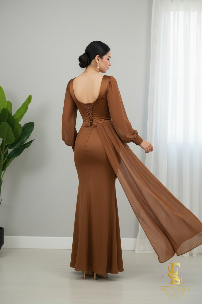 Vestido Café  con Corsét y Capa Chiffon cod.V669