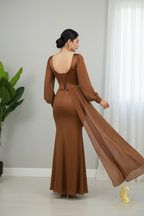 Vestido Café  con Corsét y Capa Chiffon cod.V669