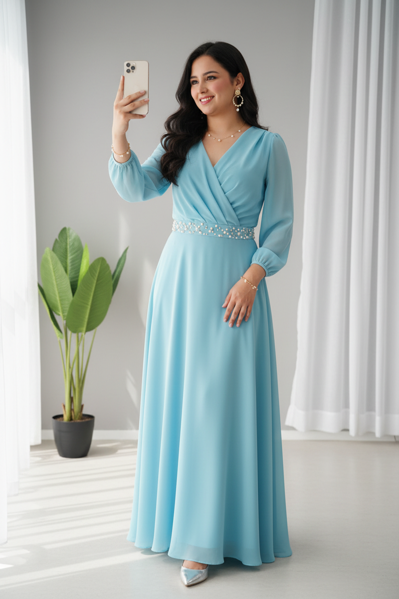 Vestido Largo Azul Cielo Manga Larga cod.704