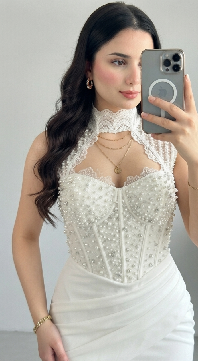 Vestido Novia Blanco Sirena con Corset de Perlas 3D y Cuello Halter de Encaje cod.V825