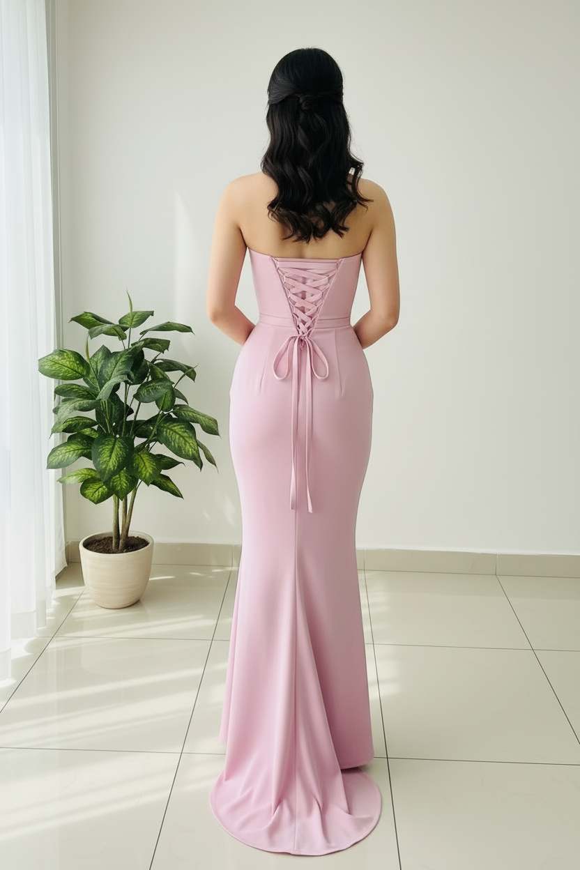 Vestido Formal Rosa Strapless Sirena con Drapeado cod.498