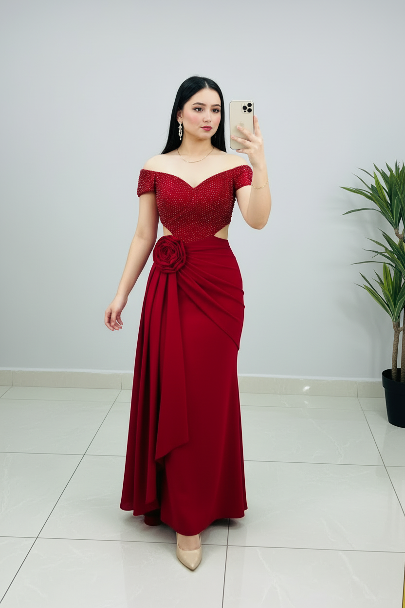 Vestido Formal Rojo Off-Shoulder Corset de Perlas con Cutout y Rosa D cod.520