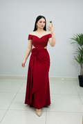 Vestido Formal Rojo Off-Shoulder Corset de Perlas con Cutout y Rosa D cod.520