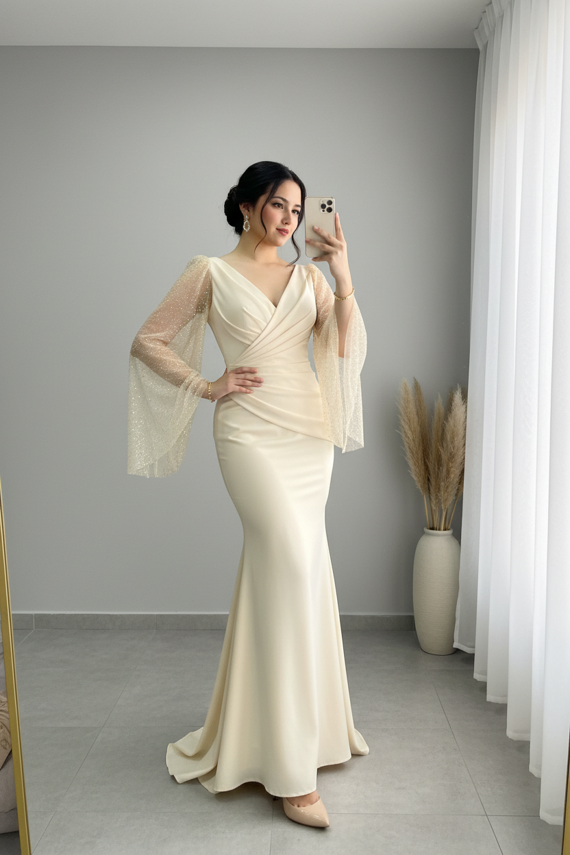 Vestido Champagne Escote V Mangas Campana Tul Cristales Sirena cod.929