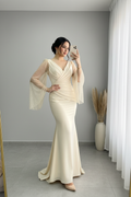 Vestido Champagne Escote V Mangas Campana Tul Cristales Sirena cod.929