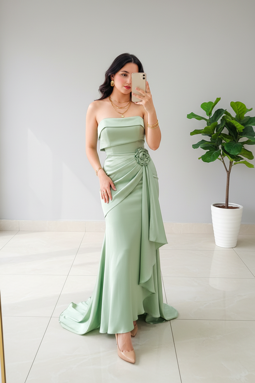 Vestido de Gala Verde Salvia con Rosa y Drapeado - Elegante Strapless cod.332