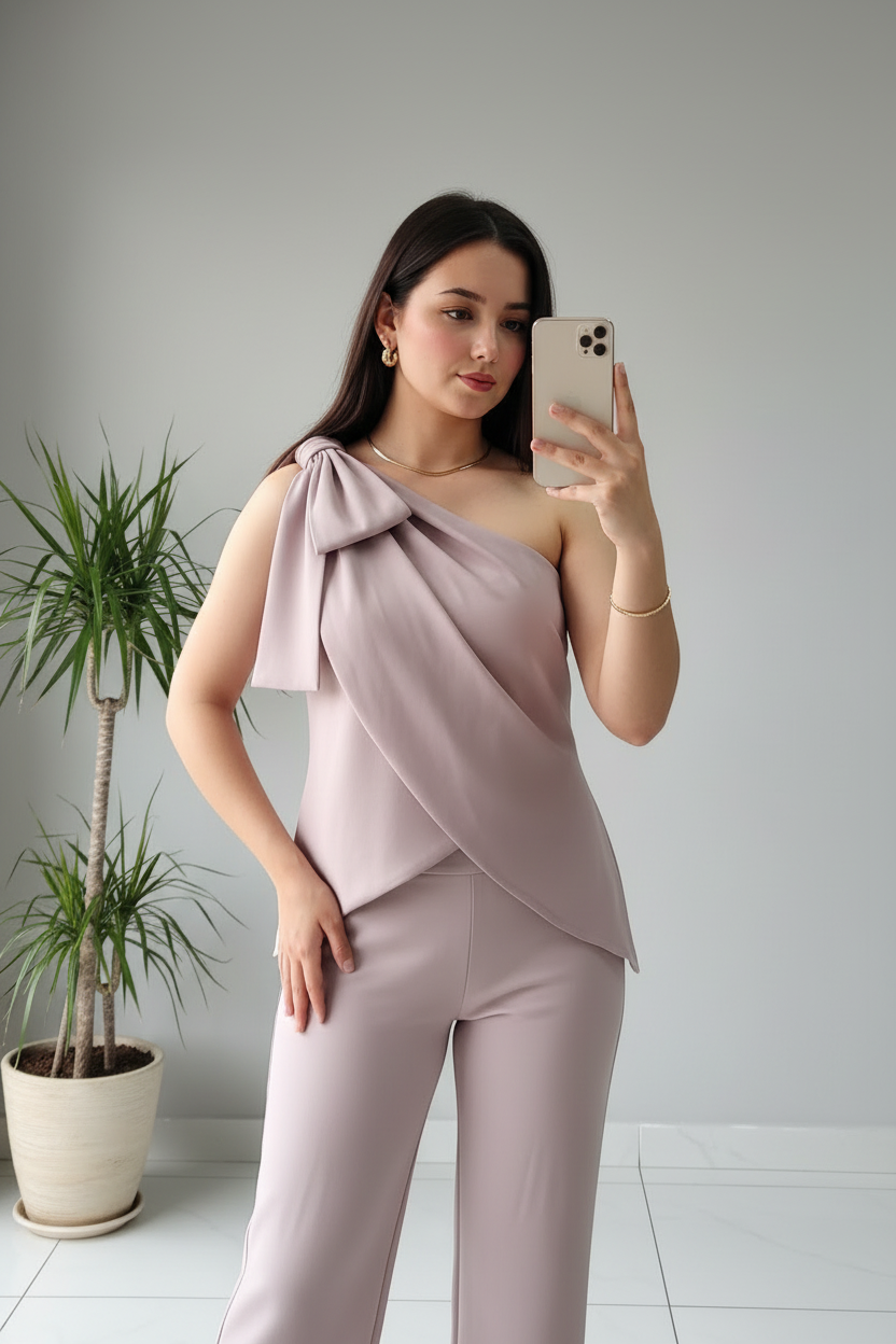 Conjunto Malva: Top Asimétrico One-Shoulder con Lazo y Pantalón Bootcut cod.391