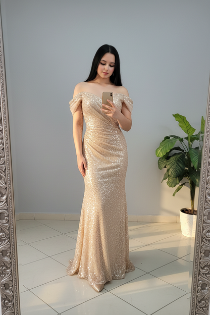 Vestido Golden Sequin – Gown Dorado Lentejuelas Off-Shoulder cod.678
