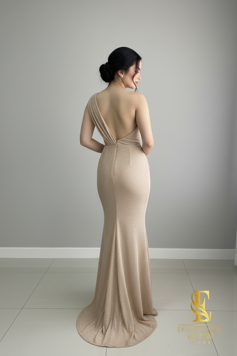 Vestido Sirena Champagne Dorado Un Hombro con Drapeado Diagonal cod.V249