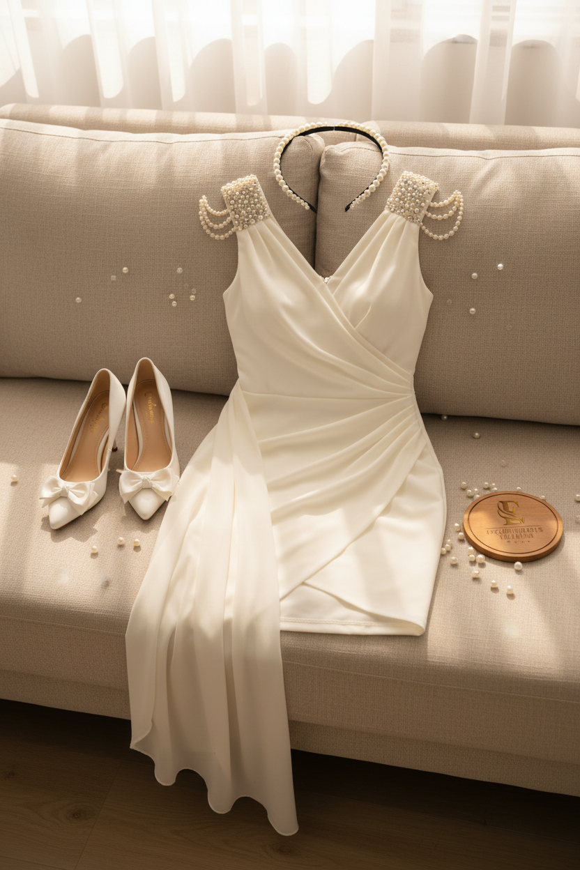 Vestido Blanco Mini Escote V con Hombreras de Perlas y Cola de Chifón cod.483