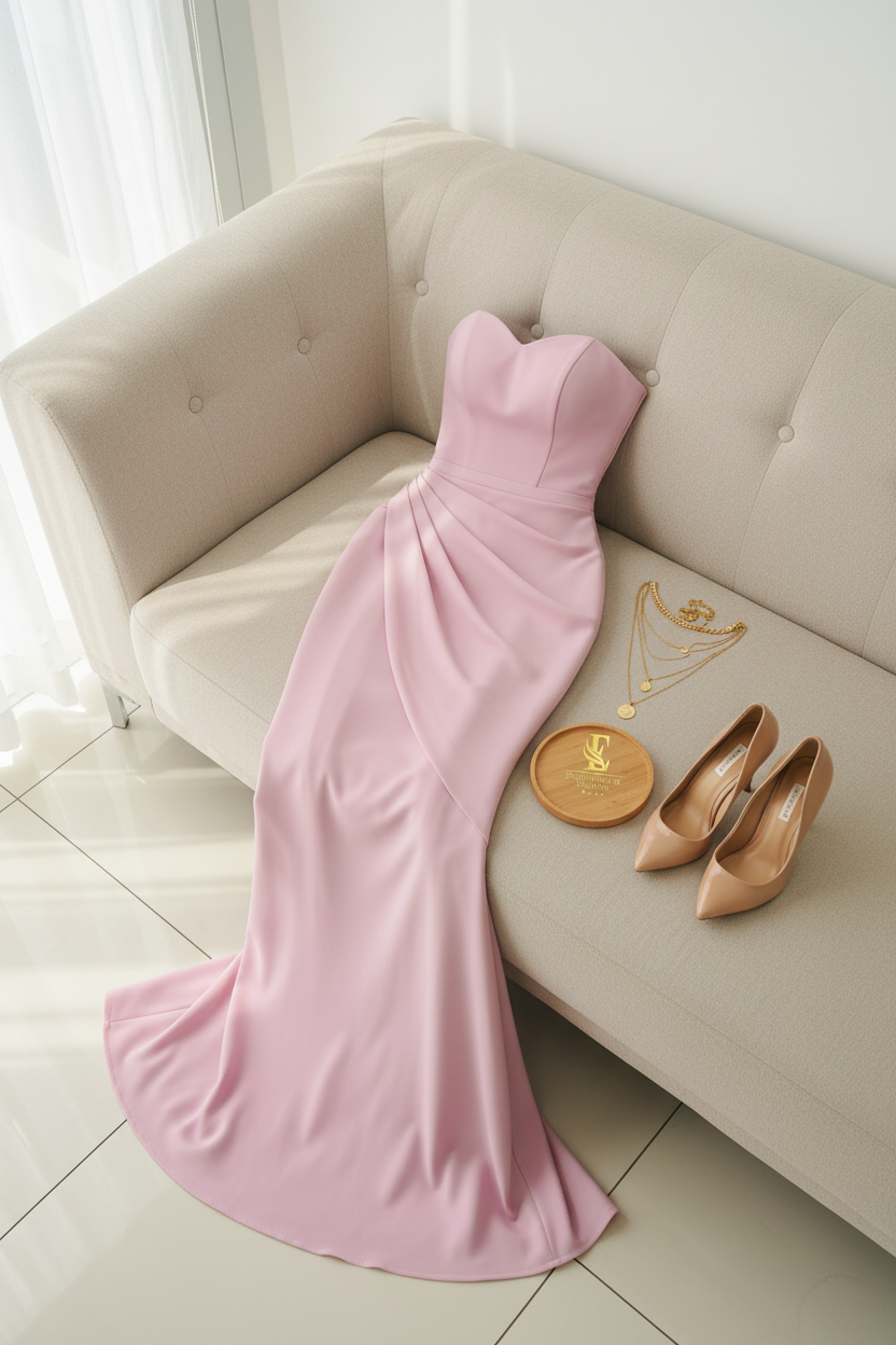 Vestido Formal Rosa Strapless Sirena con Drapeado cod.498