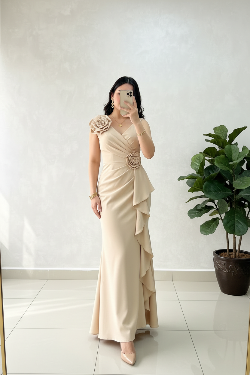 Vestido Largo Champagne con Dos Rosas 3D Artesanales y Volantes en Cascada cod.430