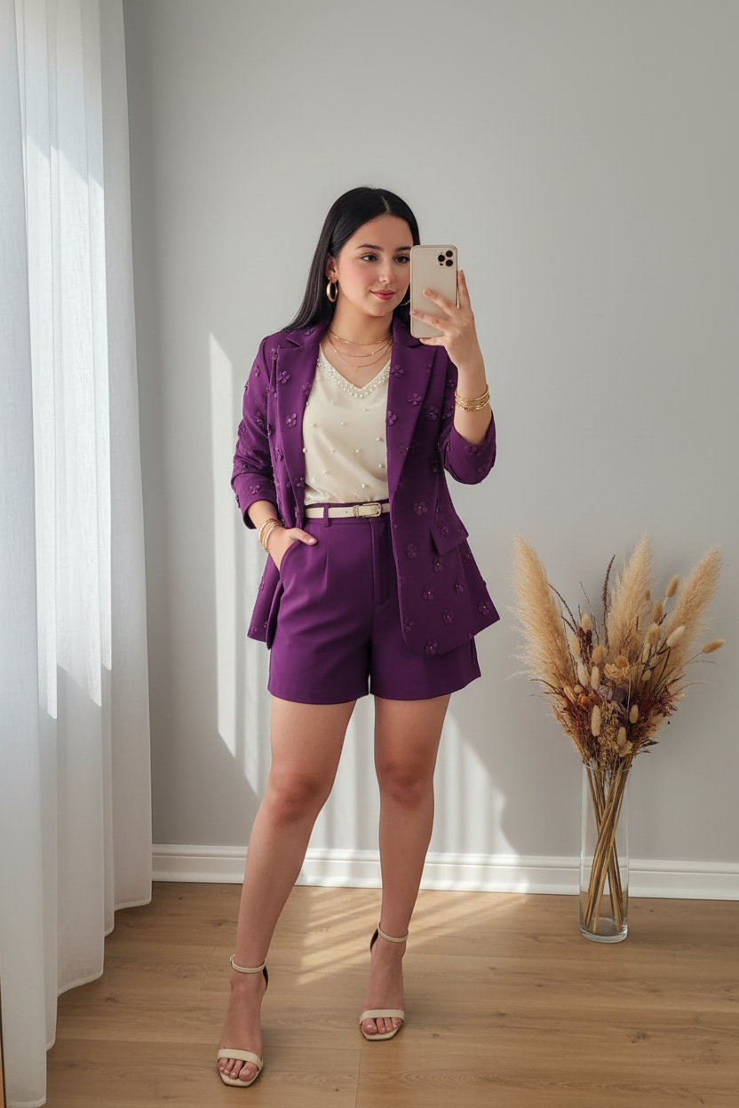 Conjunto 3 Piezas Morado: Blazer, Blusa & Short cod.C795