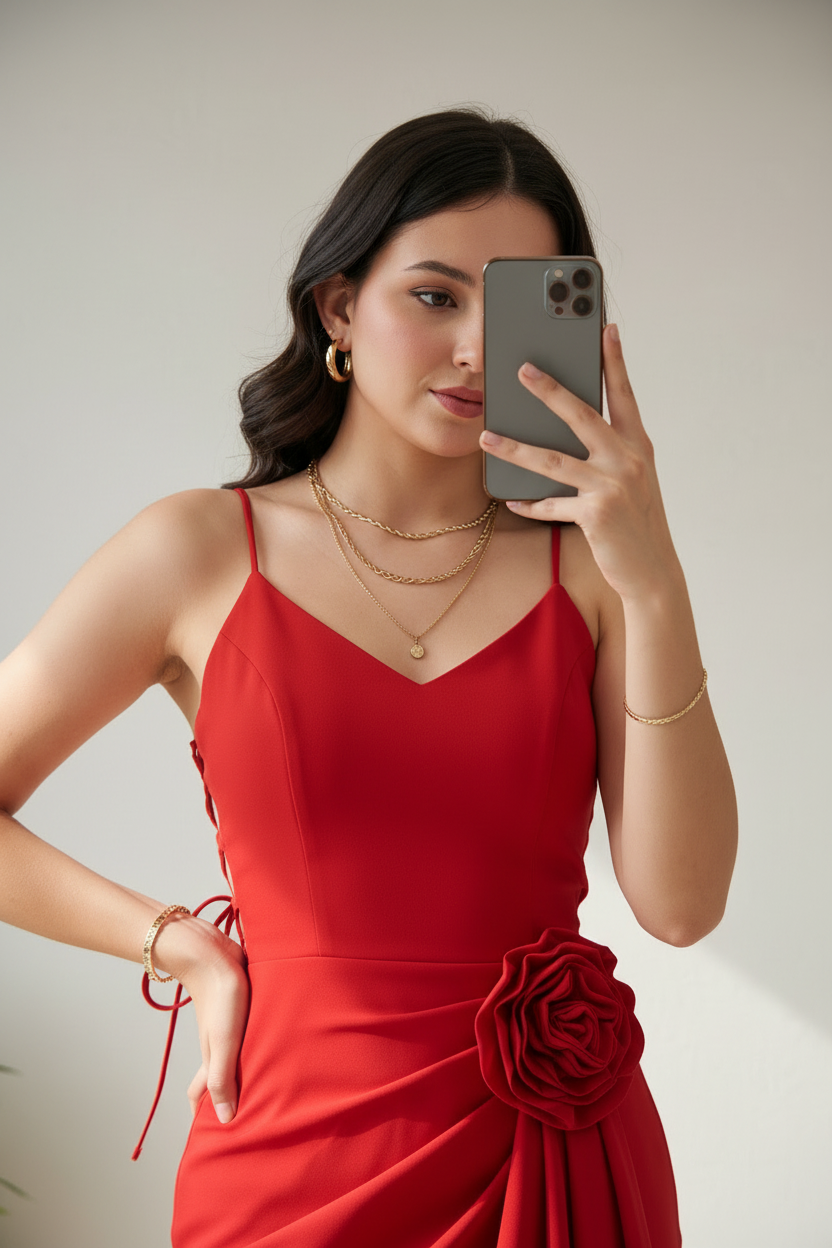 Vestido Rojo Mini Tirantes con Rosa 3D y Falda Wrap Asimétrica cod.466