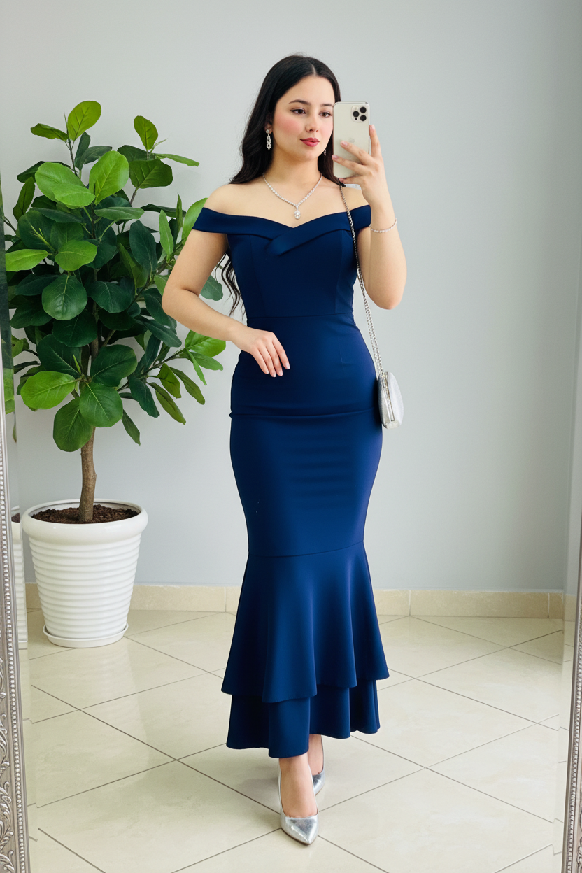 Vestido Azul Navy Off-Shoulder Sirena con Falda en 2 Capas cod.379