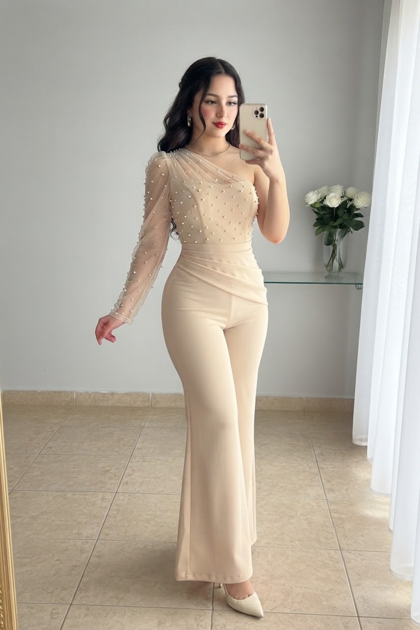 Enterizo Ivory Tul Perlas Pantalón Acampanado cod.E0001