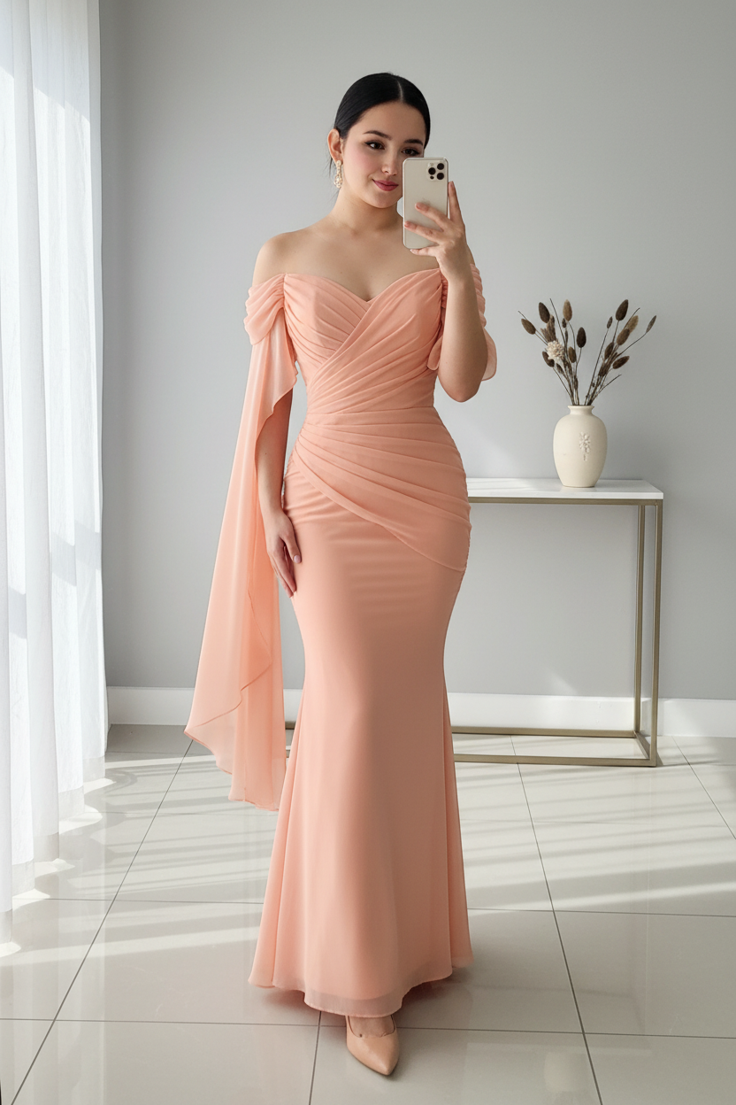 Vestido Melocotón Off-Shoulder Sirena con Capa Chifón cod.V348